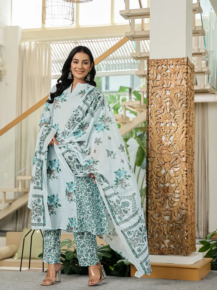 Sky Blue Cotton A Line Kurta Dupatta Set