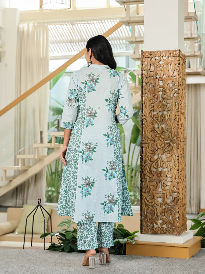 Sky Blue Cotton A Line Kurta Dupatta Set