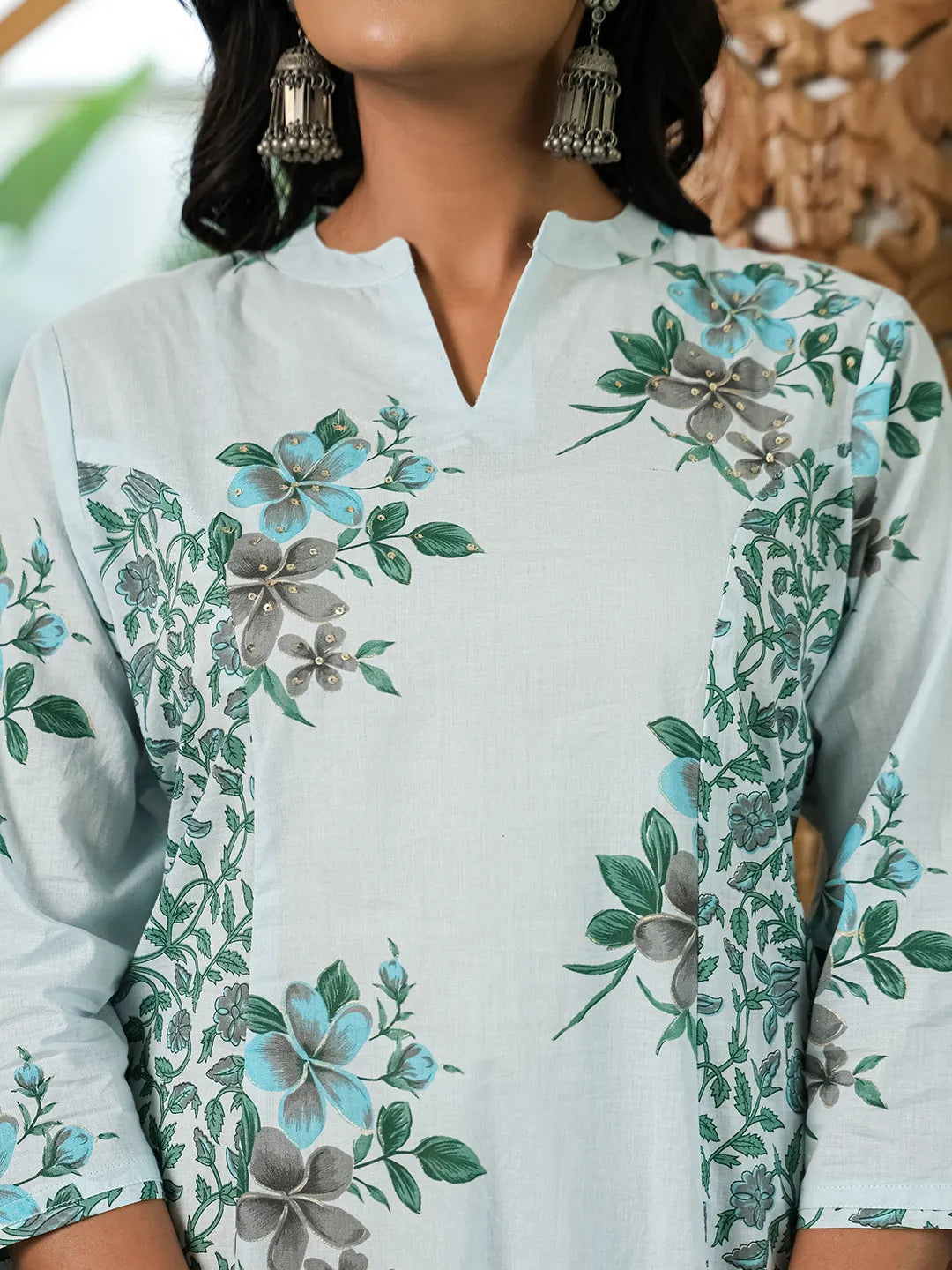 Sky Blue Cotton A Line Kurta Dupatta Set