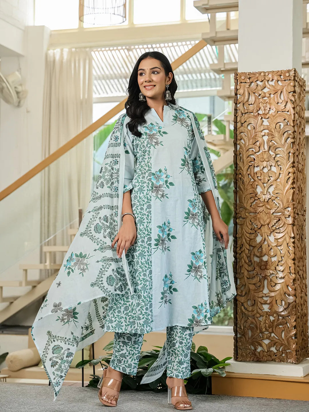 Sky Blue Cotton A Line Kurta Dupatta Set