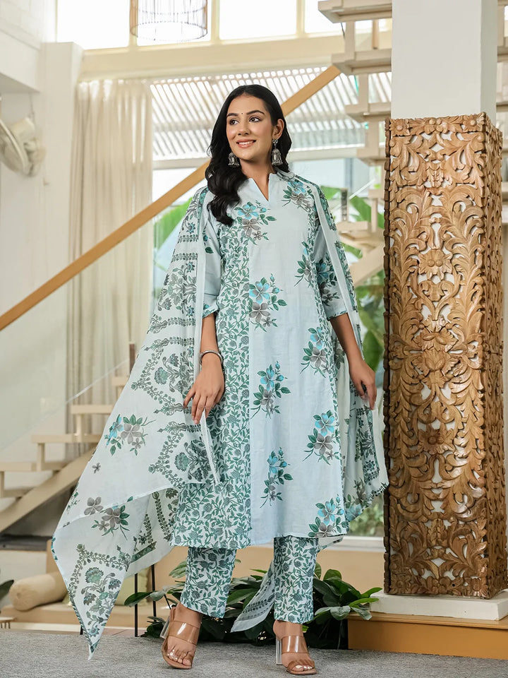 Sky Blue Cotton A Line Kurta Dupatta Set