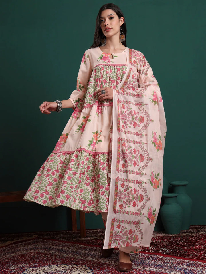 Pink And Cream Cotton Floral Print Lace Work Tiered Kurta Pants & Dupatta Set