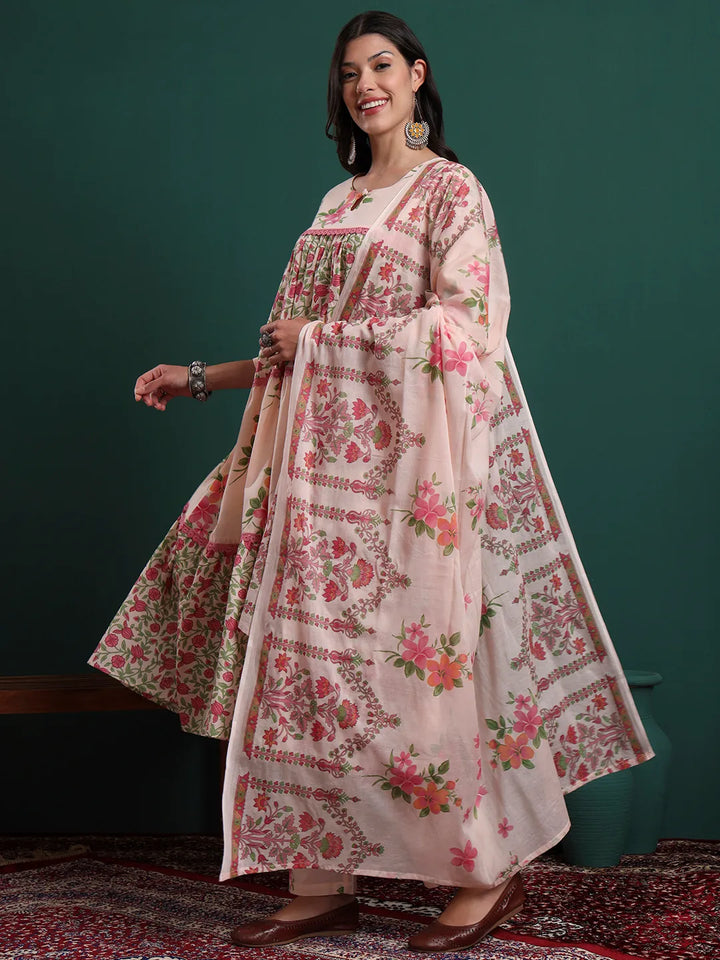 Pink And Cream Cotton Floral Print Lace Work Tiered Kurta Pants & Dupatta Set