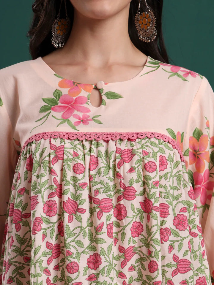 Pink And Cream Cotton Floral Print Lace Work Tiered Kurta Pants & Dupatta Set