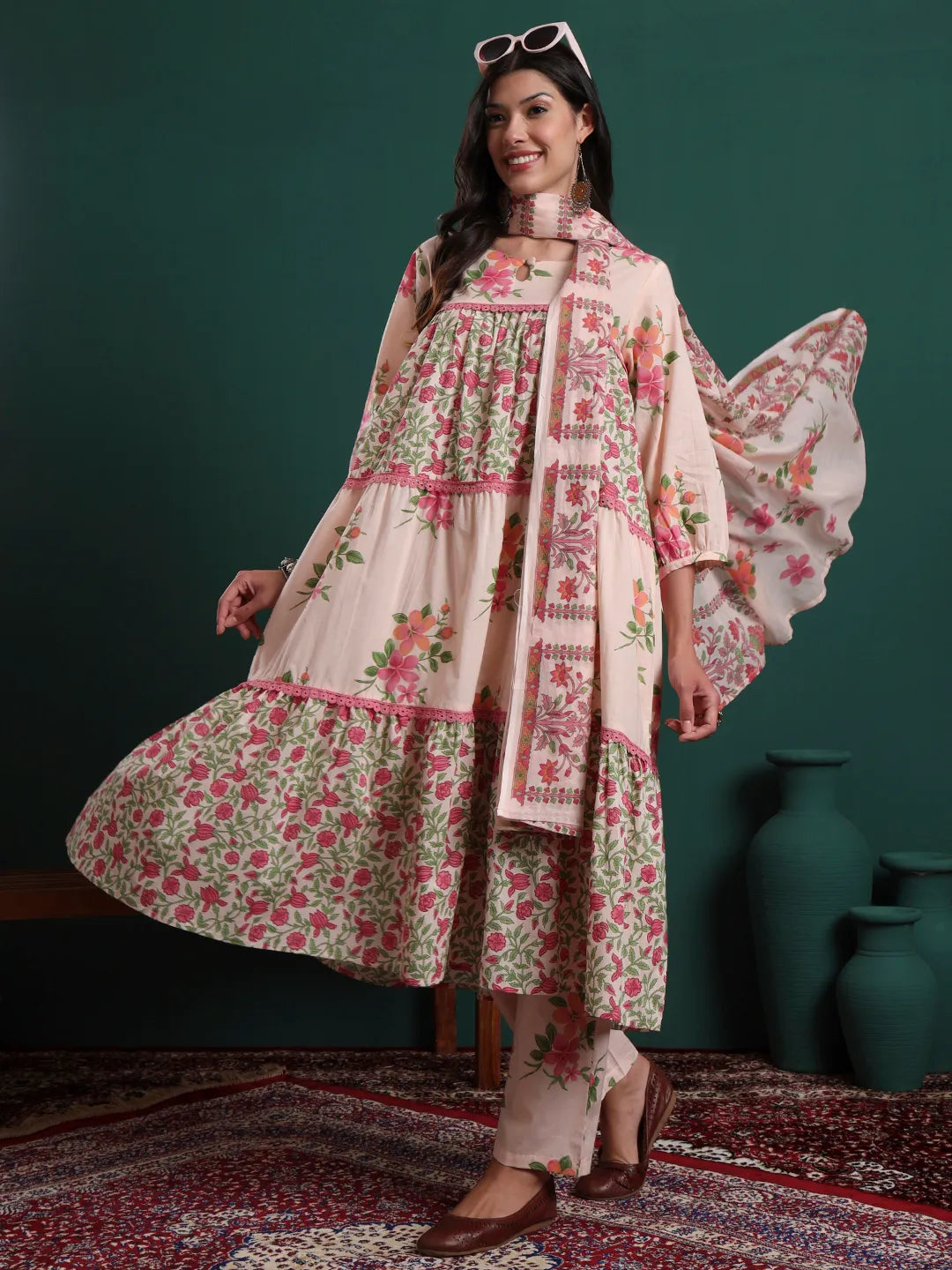Pink And Cream Cotton Floral Print Lace Work Tiered Kurta Pants & Dupatta Set