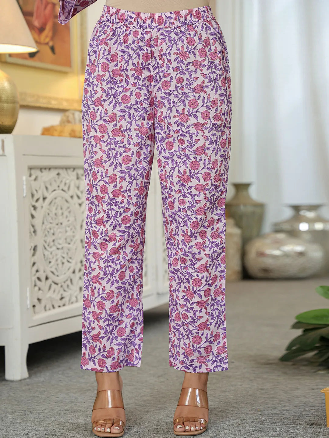 Lavender Cotton A Line  Dupatta Set With Lacework