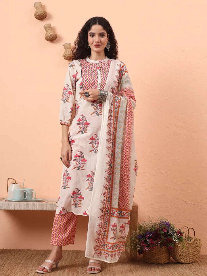 Cream Pure Cotton Kantha Work Kurta Dupatta Pant Set