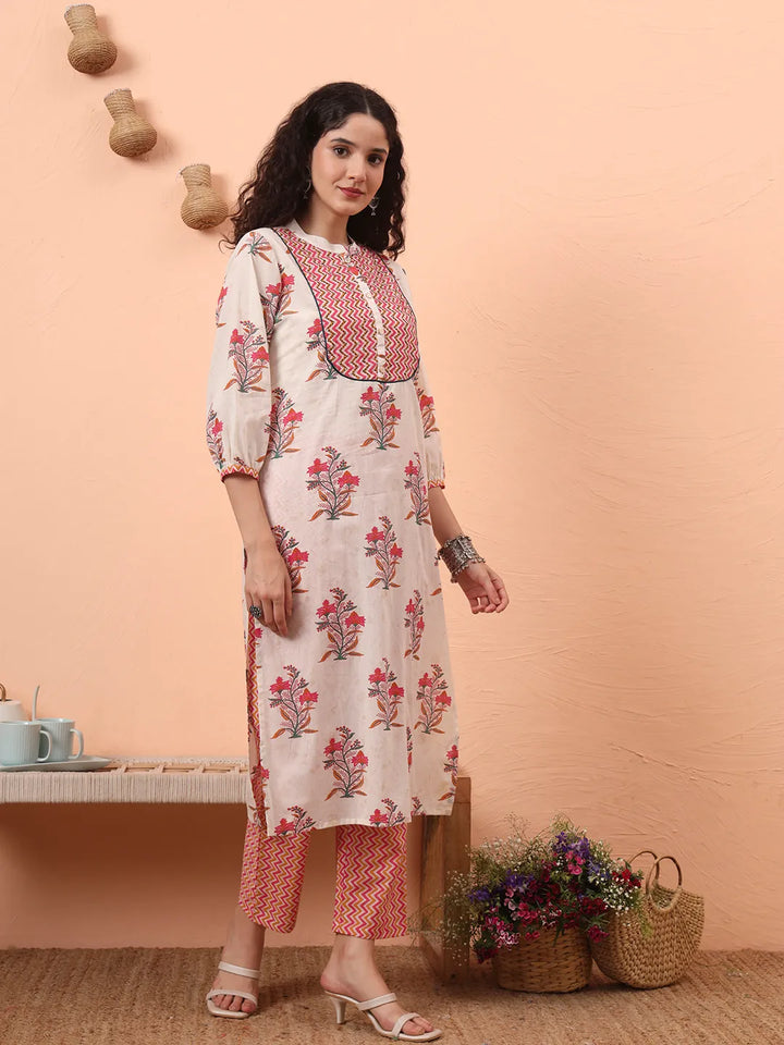 Cream Pure Cotton Kantha Work Kurta Dupatta Pant Set