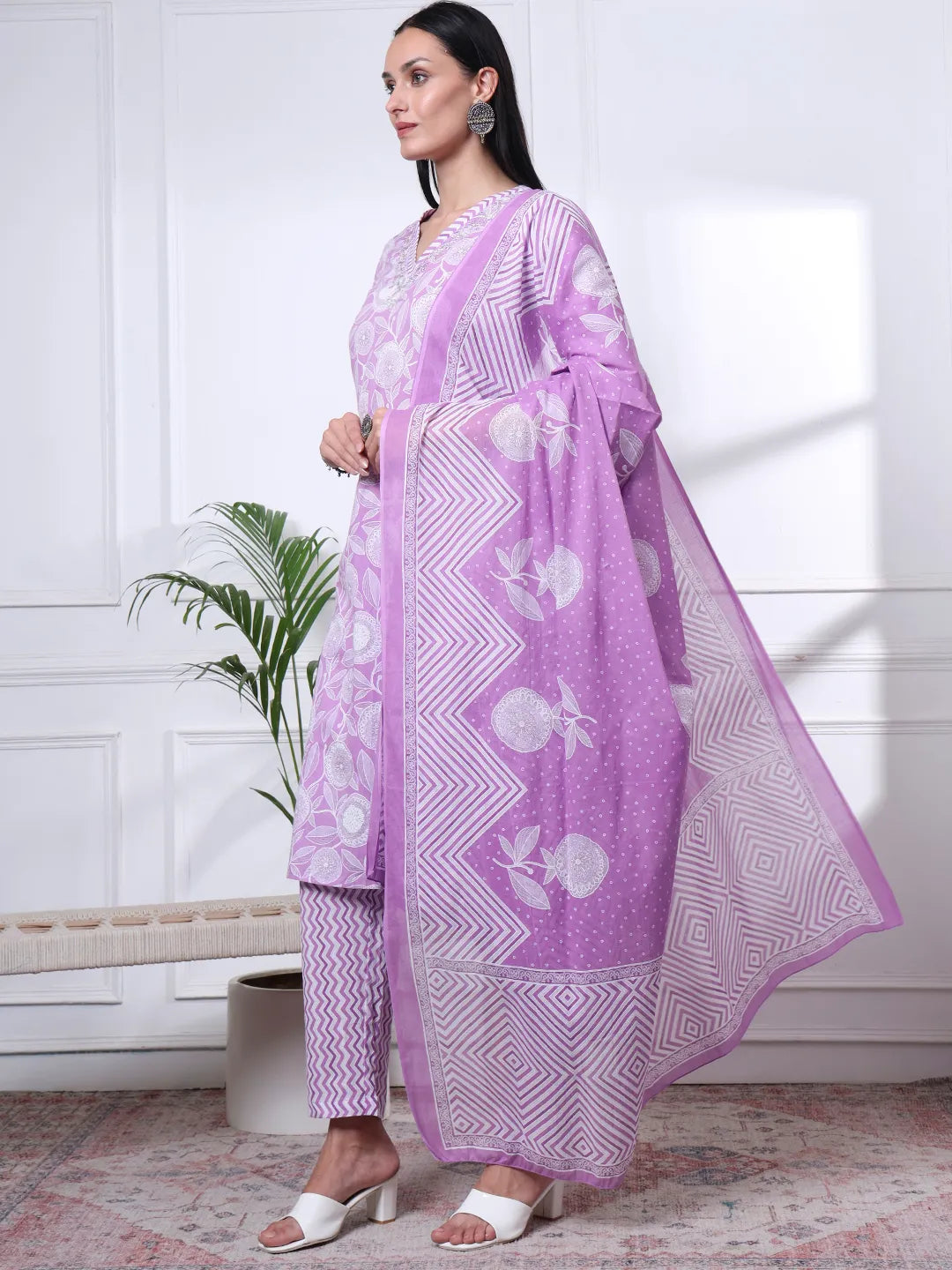 Purple Pure Cotton Floral Print Zari Work Straight Kurta Set