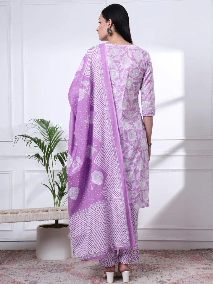 Purple Pure Cotton Floral Print Zari Work Straight Kurta Set