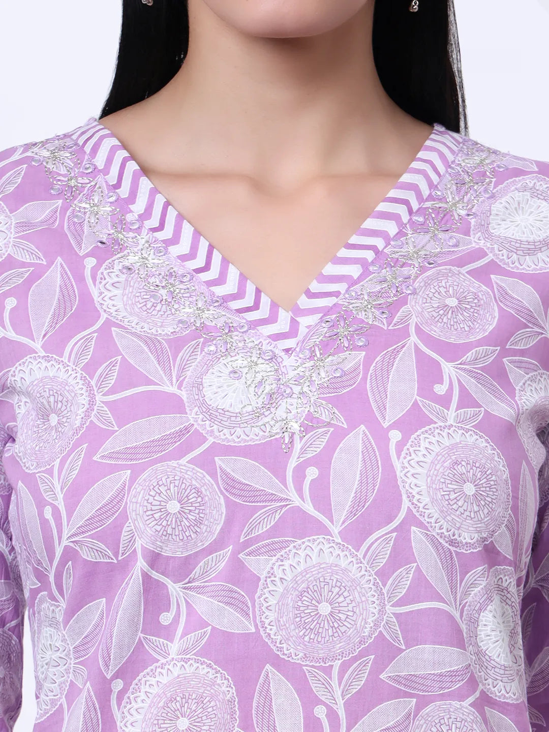 Purple Pure Cotton Floral Print Zari Work Straight Kurta Set