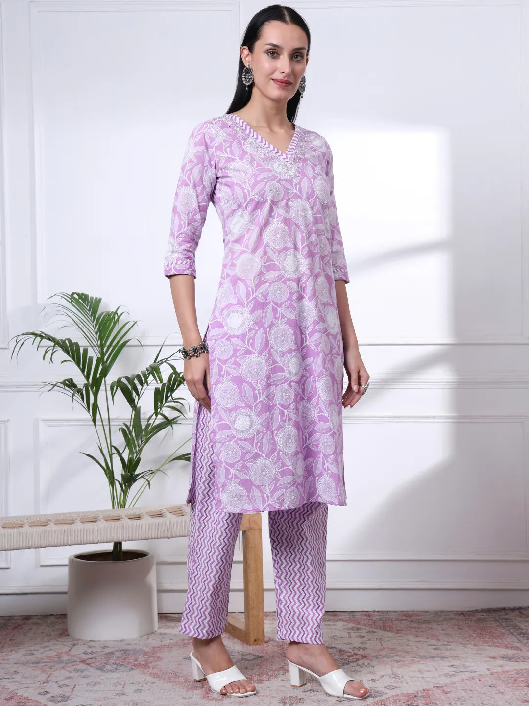 Purple Pure Cotton Floral Print Zari Work Straight Kurta Set