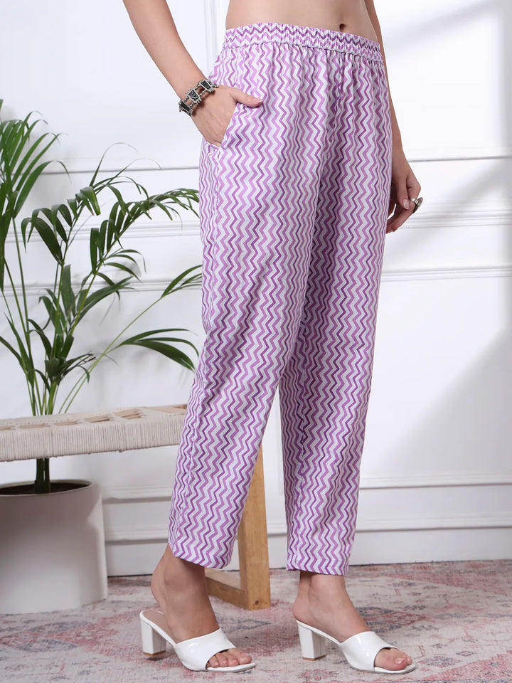 Purple Pure Cotton Floral Print Zari Work Straight Kurta Set