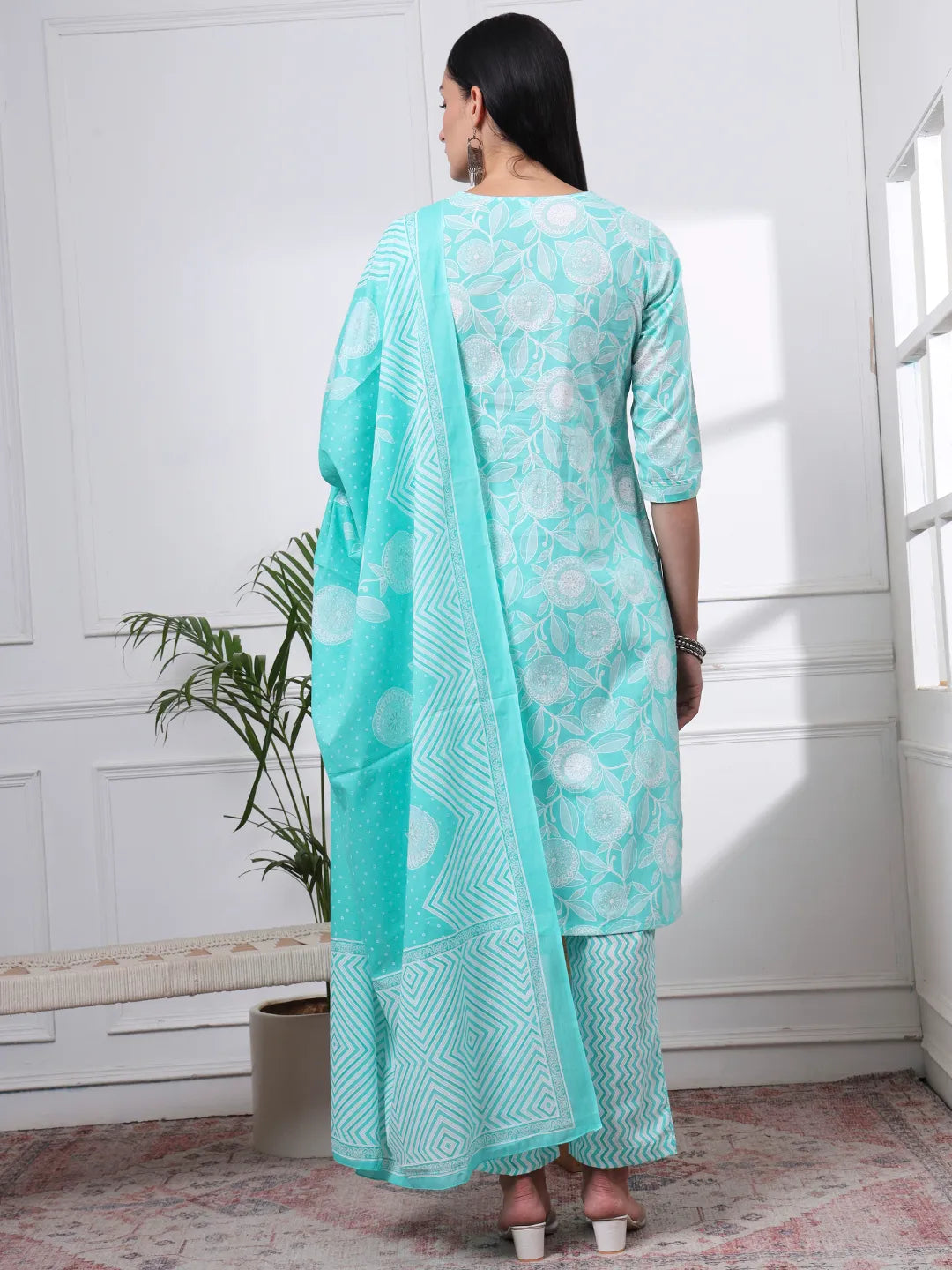 Sea Green Pure Cotton Floral Print Zari Work Straight Kurta Set