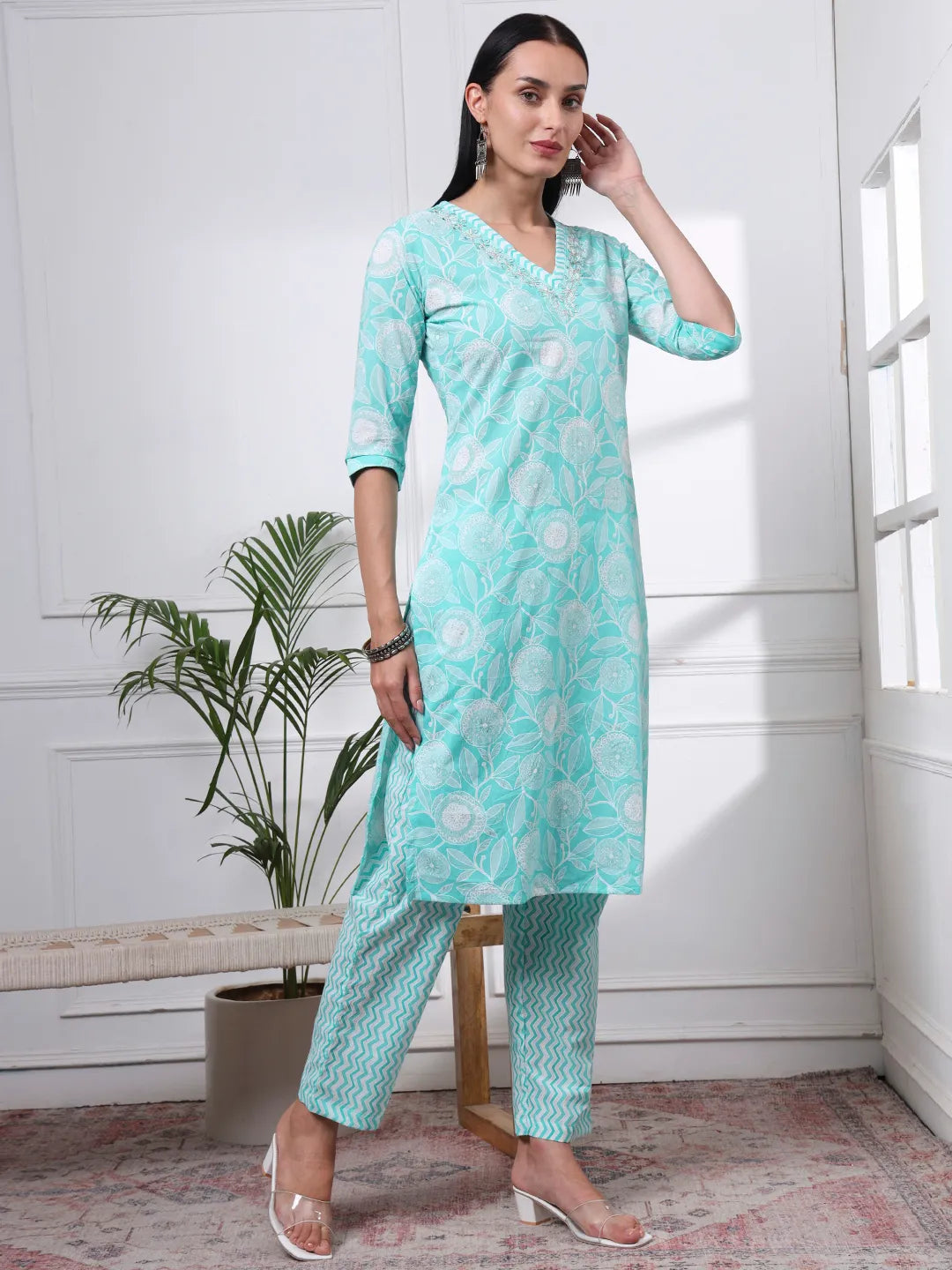 Sea Green Pure Cotton Floral Print Zari Work Straight Kurta Set