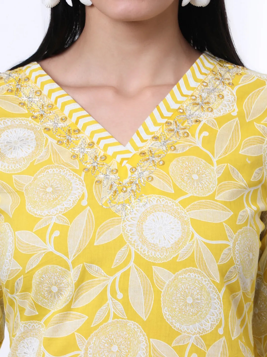 Yellow Pure Cotton Floral Print Zari Work Straight Kurta Set