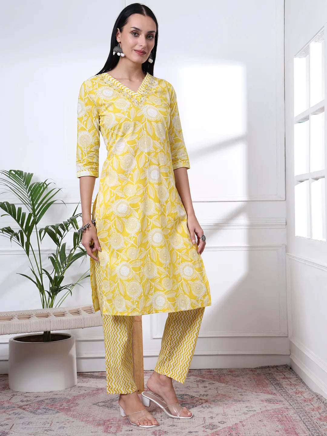 Yellow Pure Cotton Floral Print Zari Work Straight Kurta Set