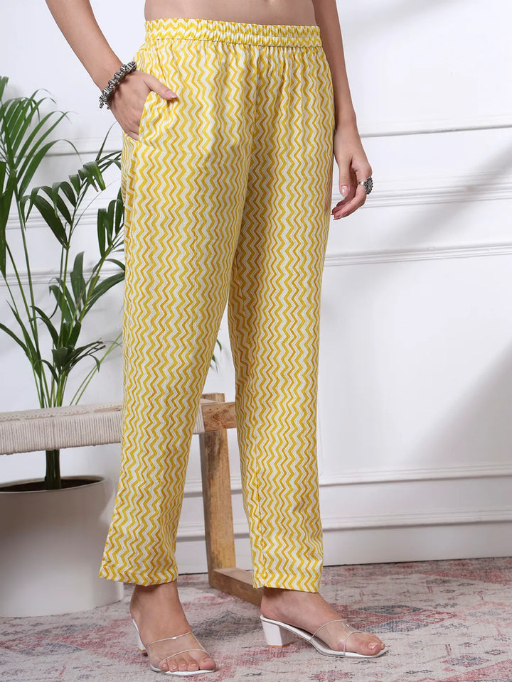 Yellow Pure Cotton Floral Print Zari Work Straight Kurta Set