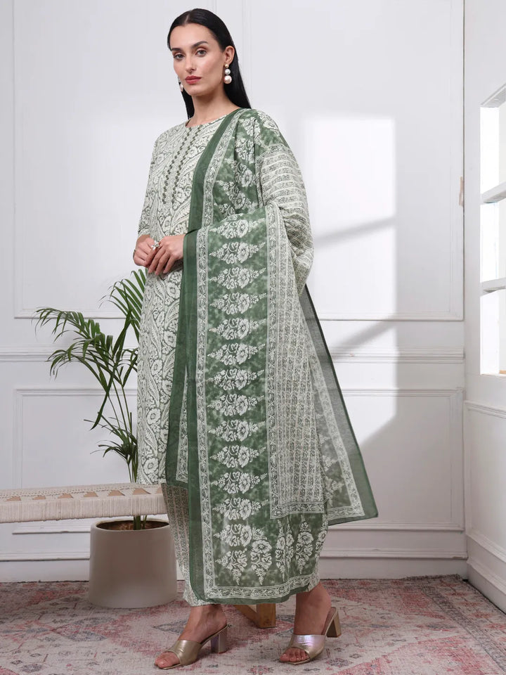 Green Pure Cotton Ethnic Motifs Straight Kurta Trouser Dupatta Set