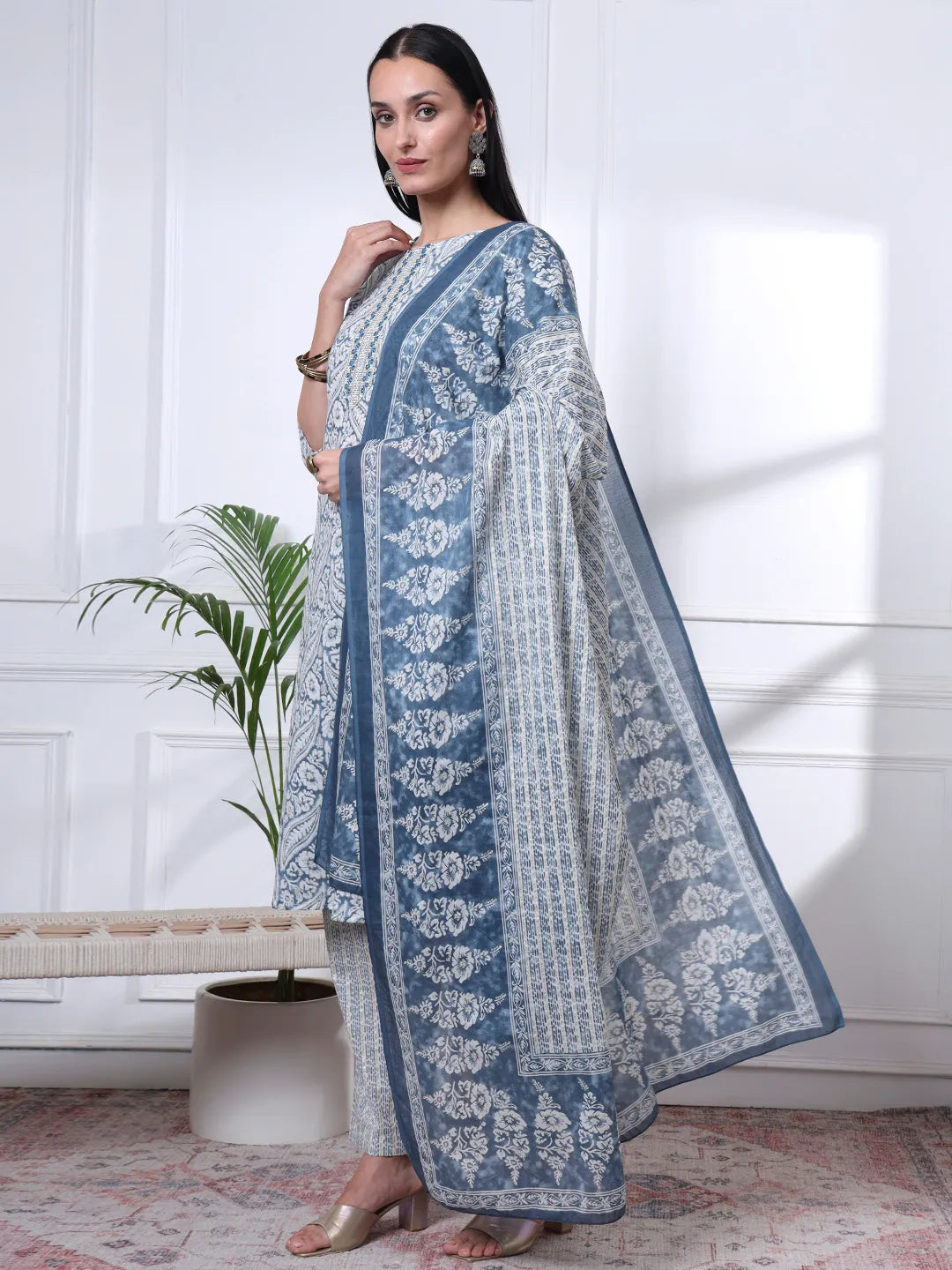 Navy Blue Pure Cotton Ethnic Motifs Straight Kurta Trouser Dupatta Set