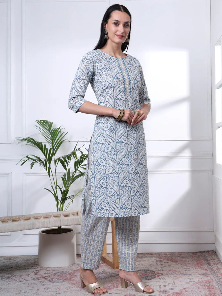 Navy Blue Pure Cotton Ethnic Motifs Straight Kurta Trouser Dupatta Set