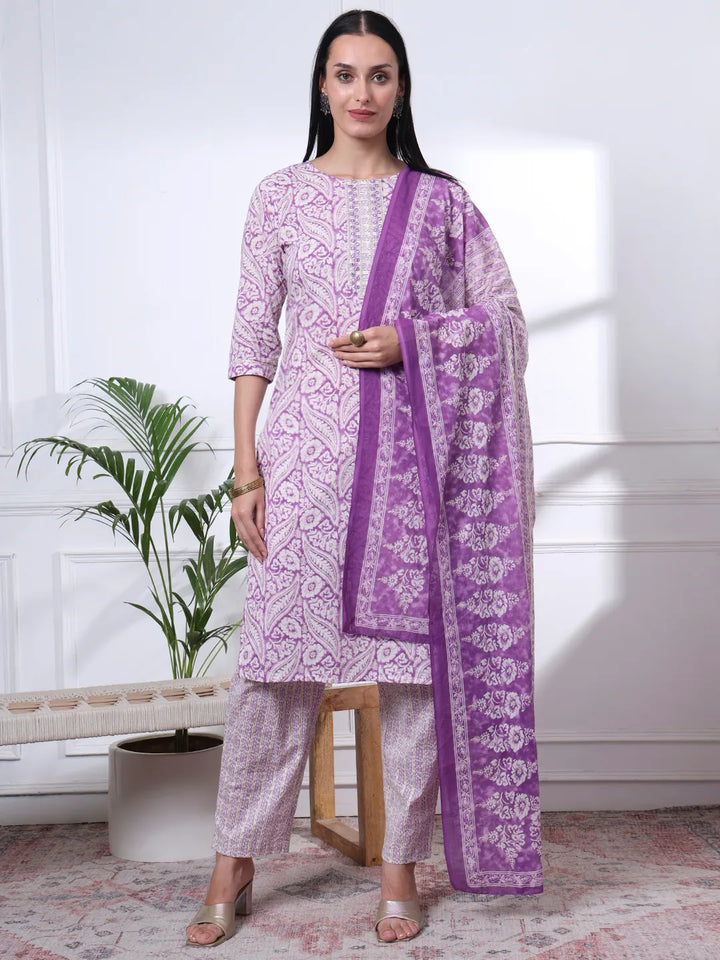 Purple Pure Cotton Ethnic Motifs Straight Kurta Trouser Dupatta Set