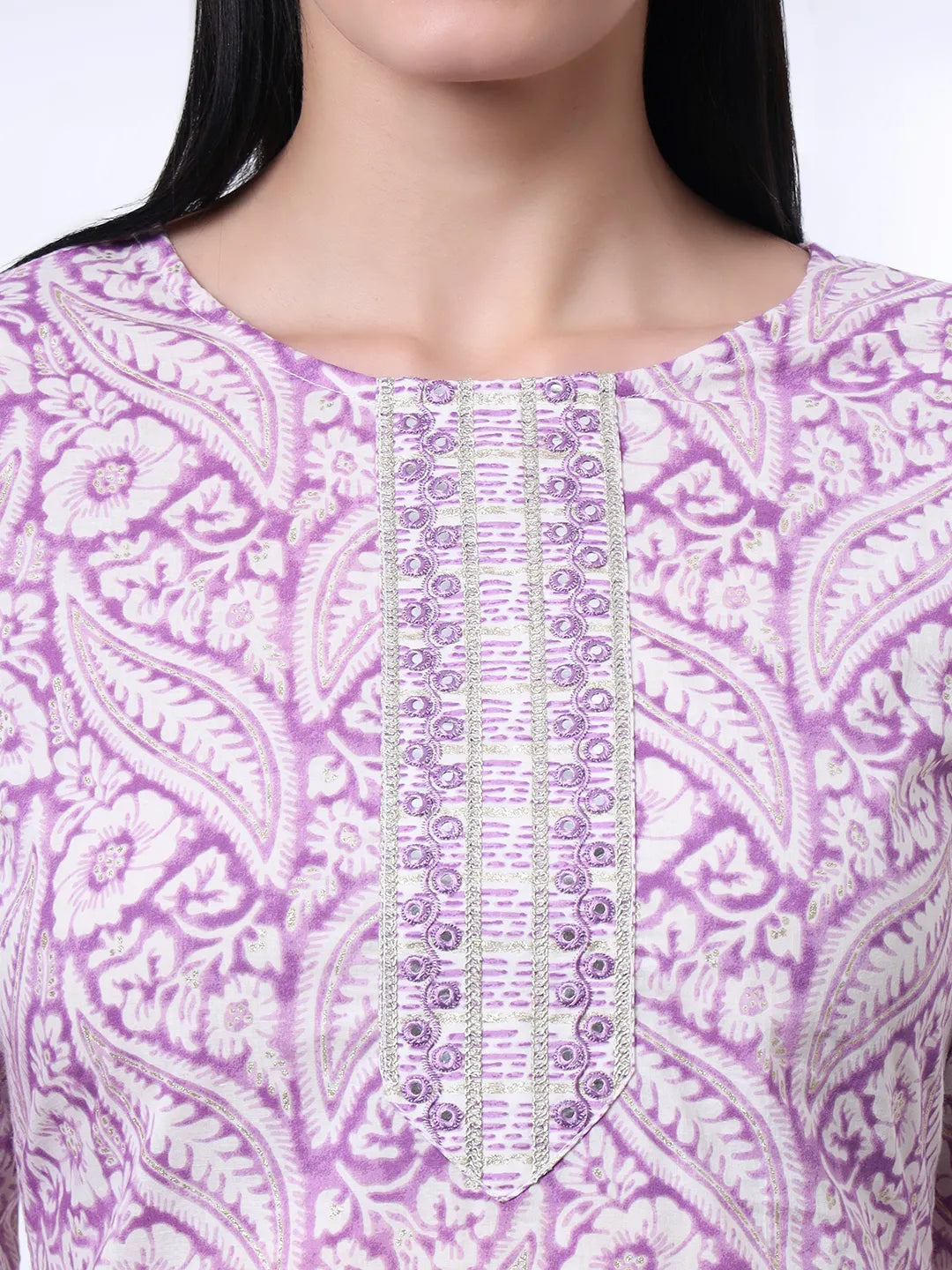 Purple Pure Cotton Ethnic Motifs Straight Kurta Trouser Dupatta Set