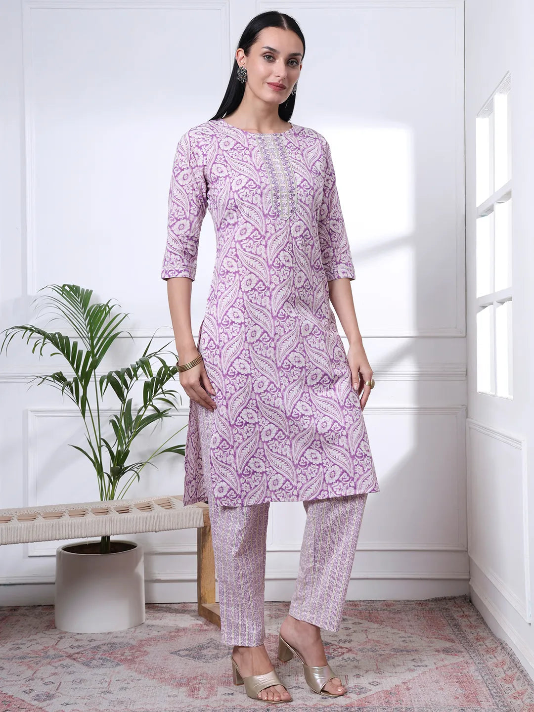 Purple Pure Cotton Ethnic Motifs Straight Kurta Trouser Dupatta Set