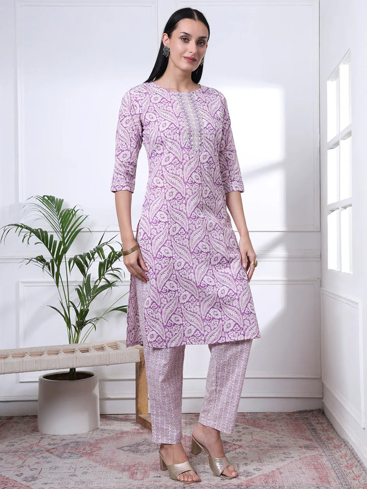 Purple Pure Cotton Ethnic Motifs Straight Kurta Trouser Dupatta Set