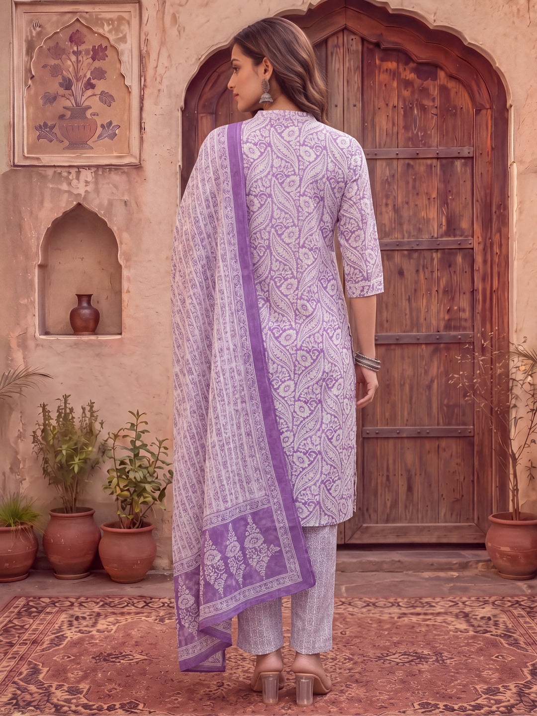Purple Pure Cotton Ethnic Motifs Straight Kurta Trouser Dupatta Set
