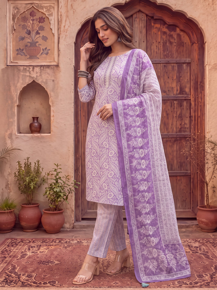 Purple Pure Cotton Ethnic Motifs Straight Kurta Trouser Dupatta Set