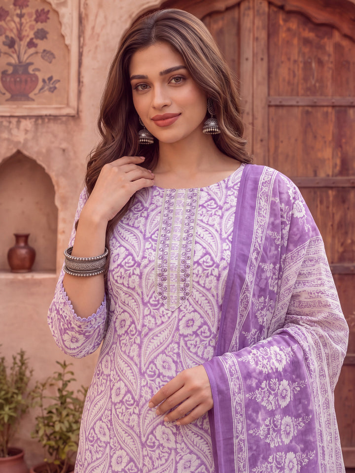 Purple Pure Cotton Ethnic Motifs Straight Kurta Trouser Dupatta Set
