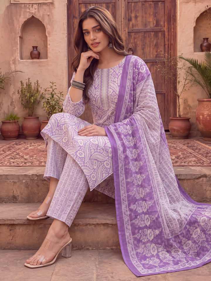 Purple Pure Cotton Ethnic Motifs Straight Kurta Trouser Dupatta Set