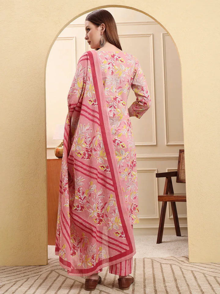 Pink Pure Cotton Floral Thread Work Straight Kurta Trouser Dupatta Set