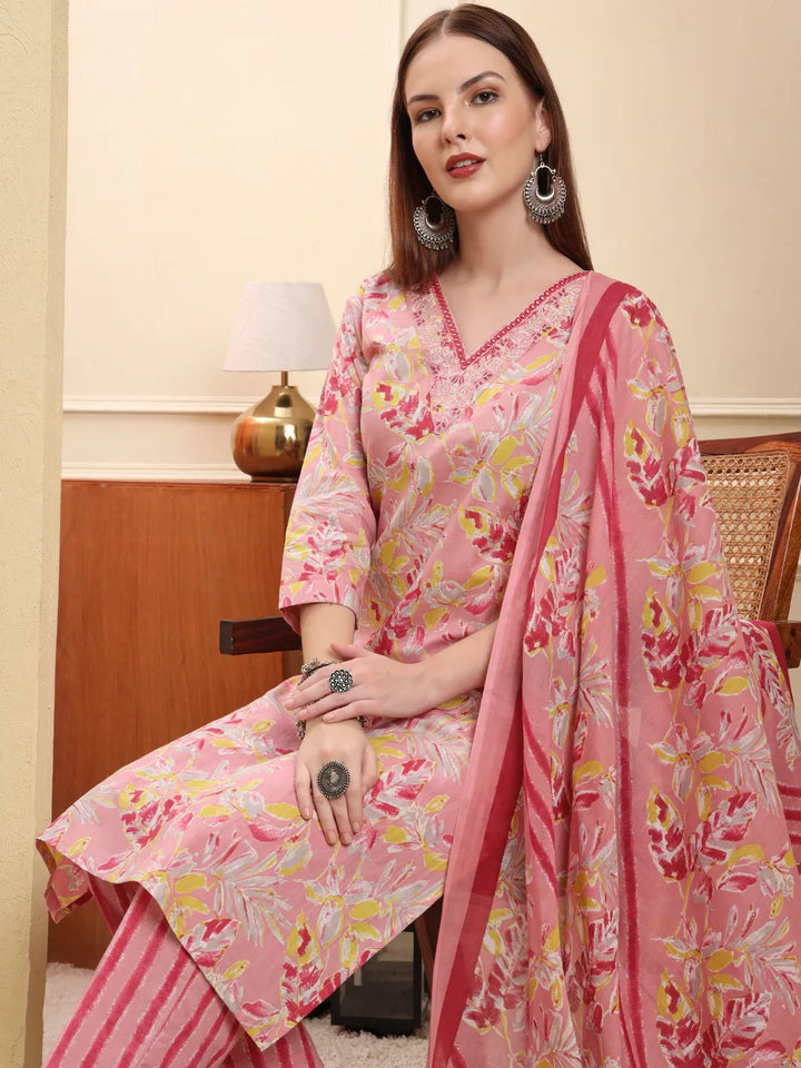Pink Pure Cotton Floral Thread Work Straight Kurta Trouser Dupatta Set