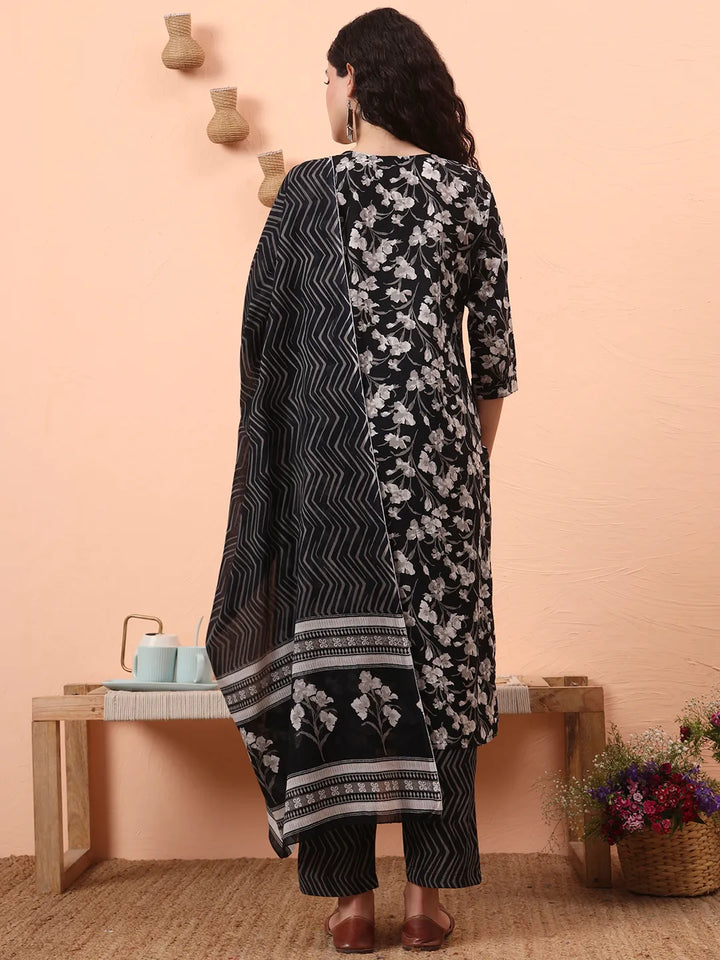 Black Pure Cotton Thread Work Kurta Dupatta Pant Set