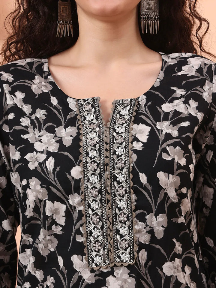 Black Pure Cotton Thread Work Kurta Dupatta Pant Set