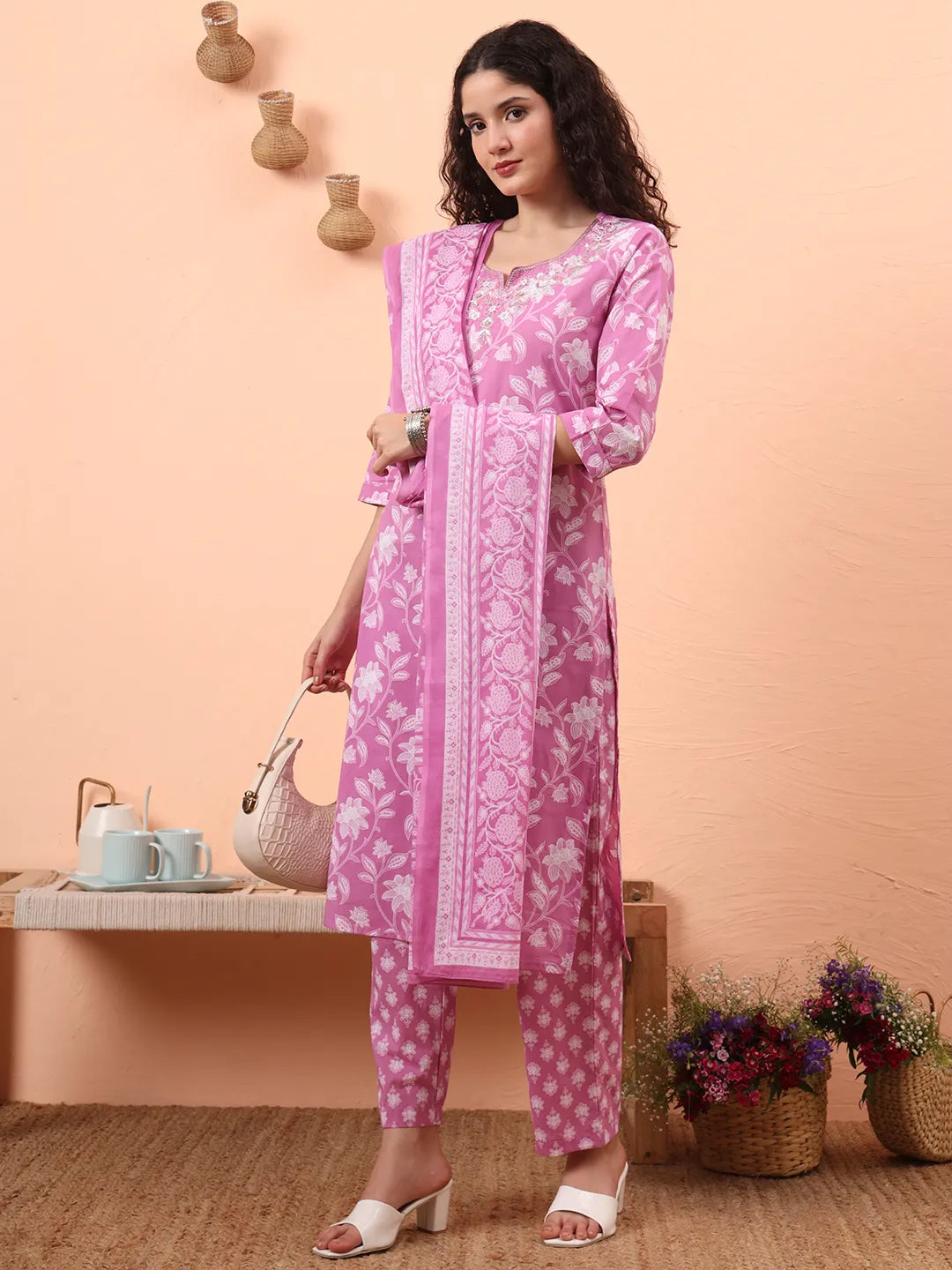 Purple Pure Cotton Thread Work Kurta Dupatta Pant Set