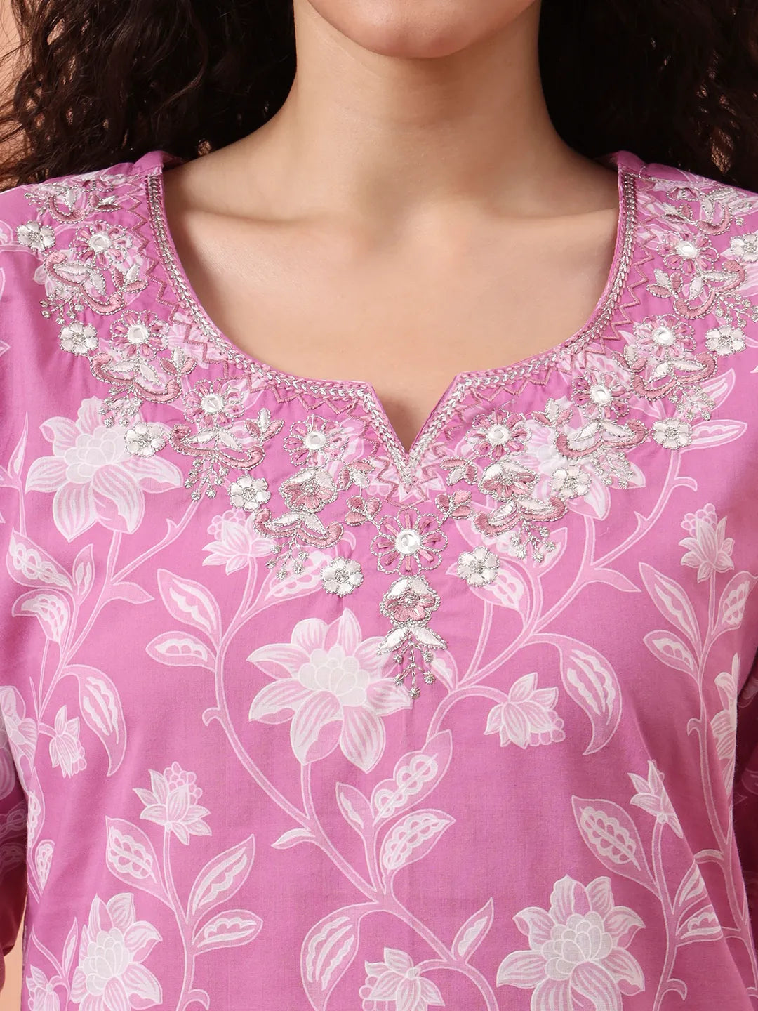 Purple Pure Cotton Thread Work Kurta Dupatta Pant Set