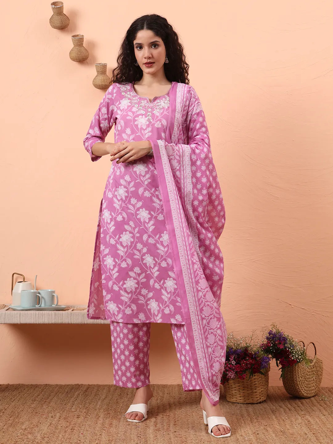 Purple Pure Cotton Thread Work Kurta Dupatta Pant Set