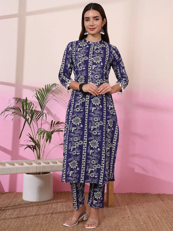 Blue Floral Print Straight Kurta Trouser Set