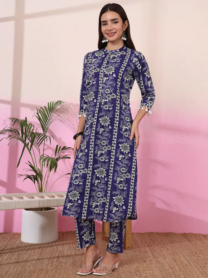 Blue Floral Print Straight Kurta Trouser Set