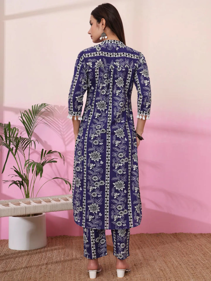 Blue Floral Print Straight Kurta Trouser Set