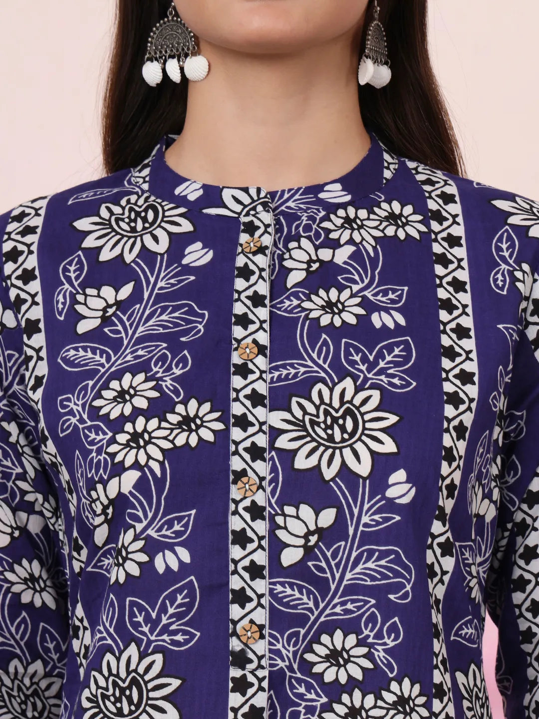 Blue Floral Print Straight Kurta Trouser Set