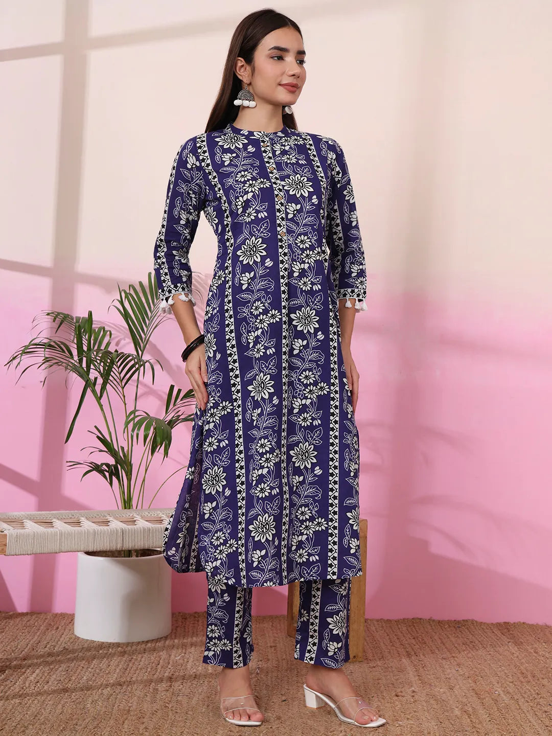 Blue Floral Print Straight Kurta Trouser Set