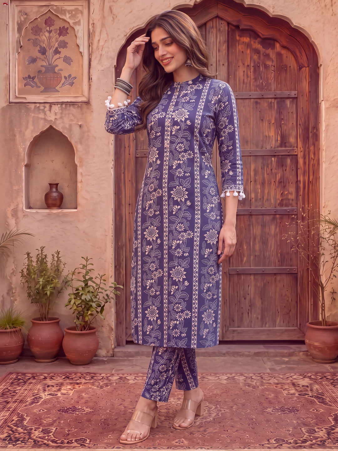 Blue Floral Print Straight Kurta Trouser Set
