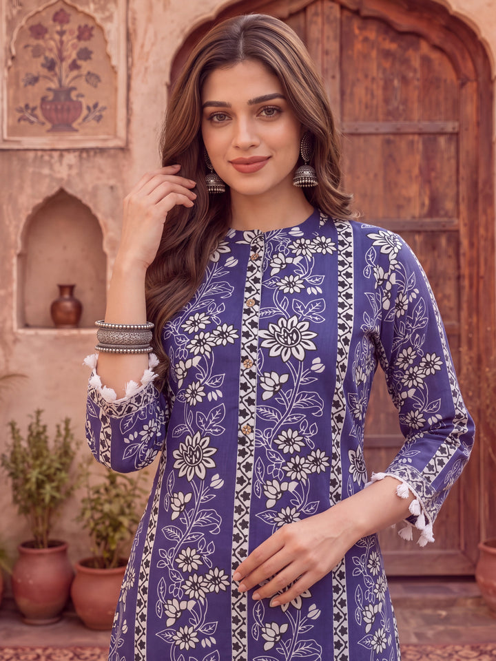 Blue Floral Print Straight Kurta Trouser Set