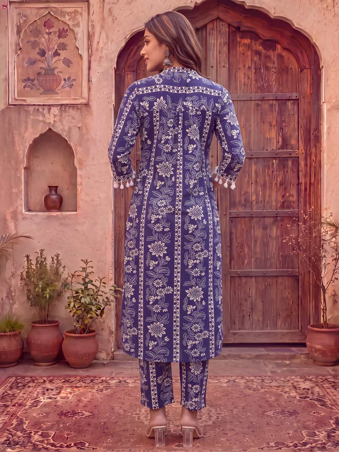 Blue Floral Print Straight Kurta Trouser Set