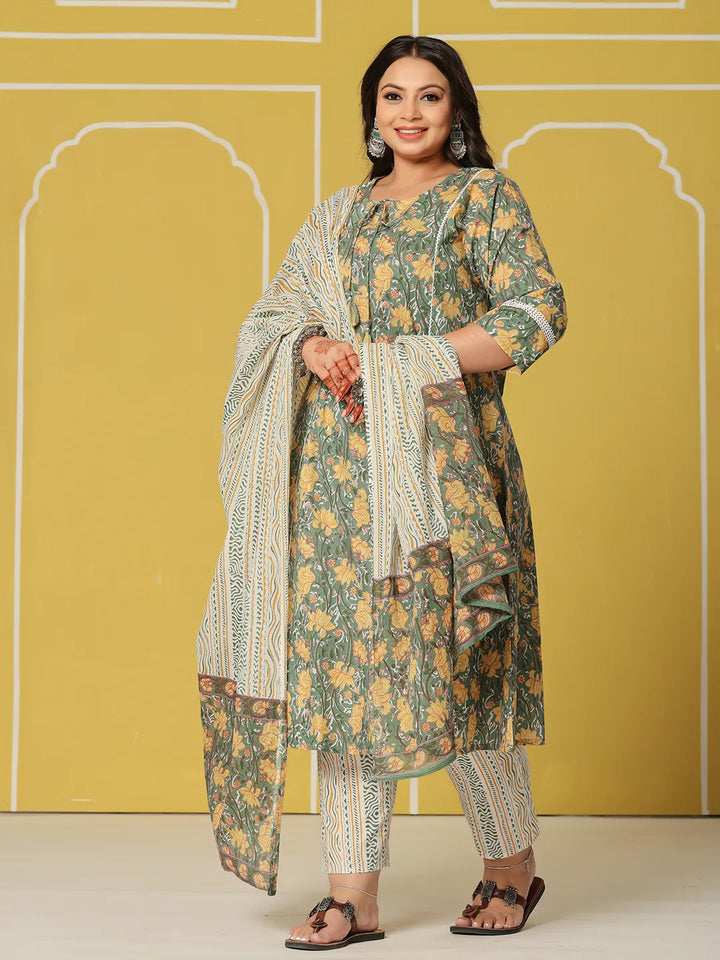 Green Cotton A-Line Plus Size Kurta Set