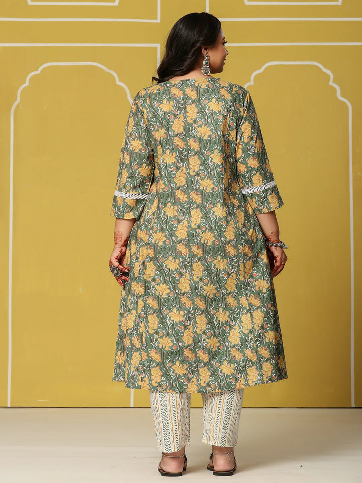 Green Cotton A-Line Plus Size Kurta Set